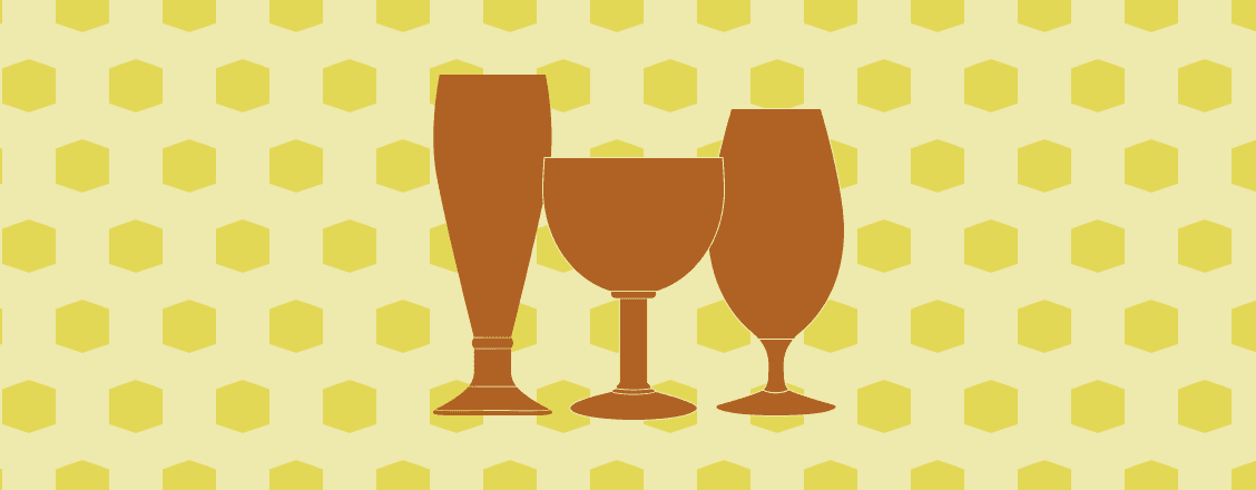 Illustration med ölglas och gulprickigt mönster bakom.