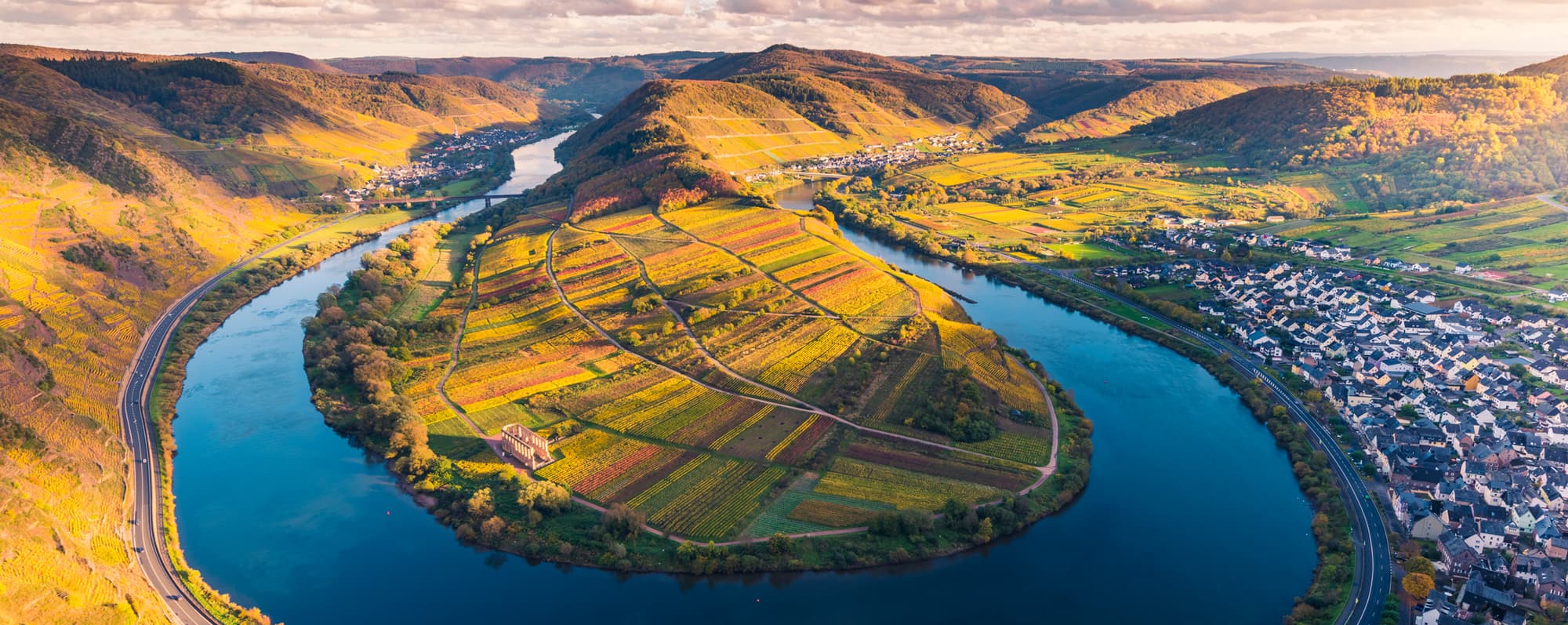Panoramabild av floden Mosel som slingrar sig runt vingårdarna på flodbankarna.
