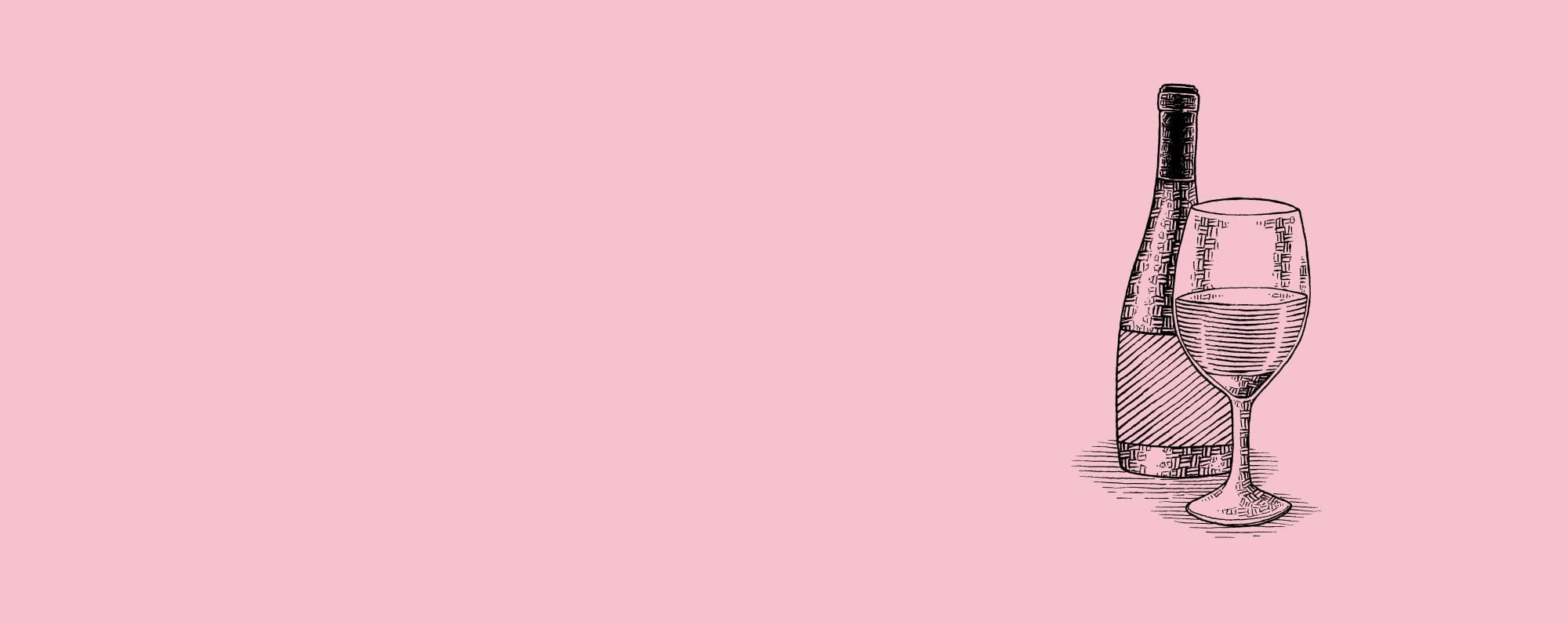 Myter om rosévin: Ilustration av glas och vinflaska på rosa bakgrund.