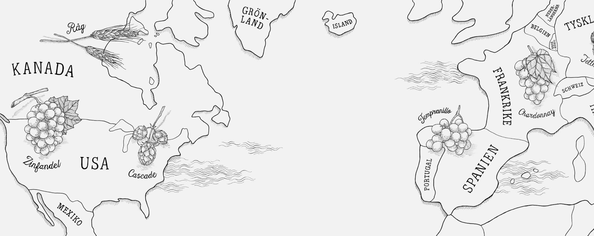 Illustration över världskarta med typiska råvaror.