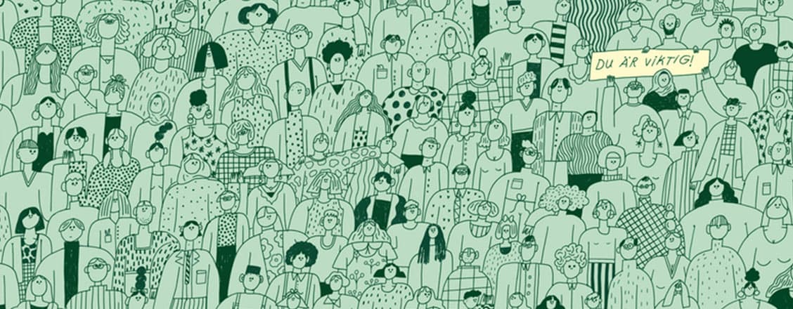 Illustration massa människor i grupp med texten "du är viktig" grön färg på illustrationen