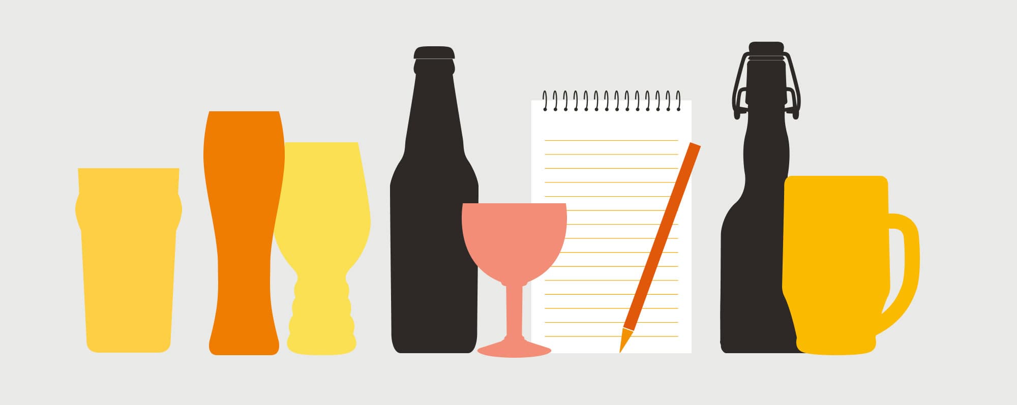 Illustration av ölglas, glas och noteringsblock