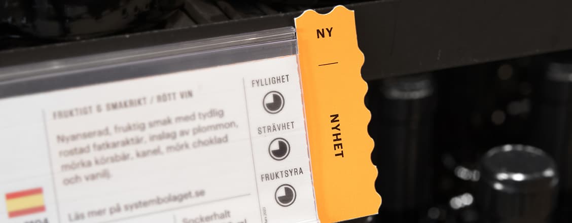 Hyllkantsetikett med budskapet Nyhet