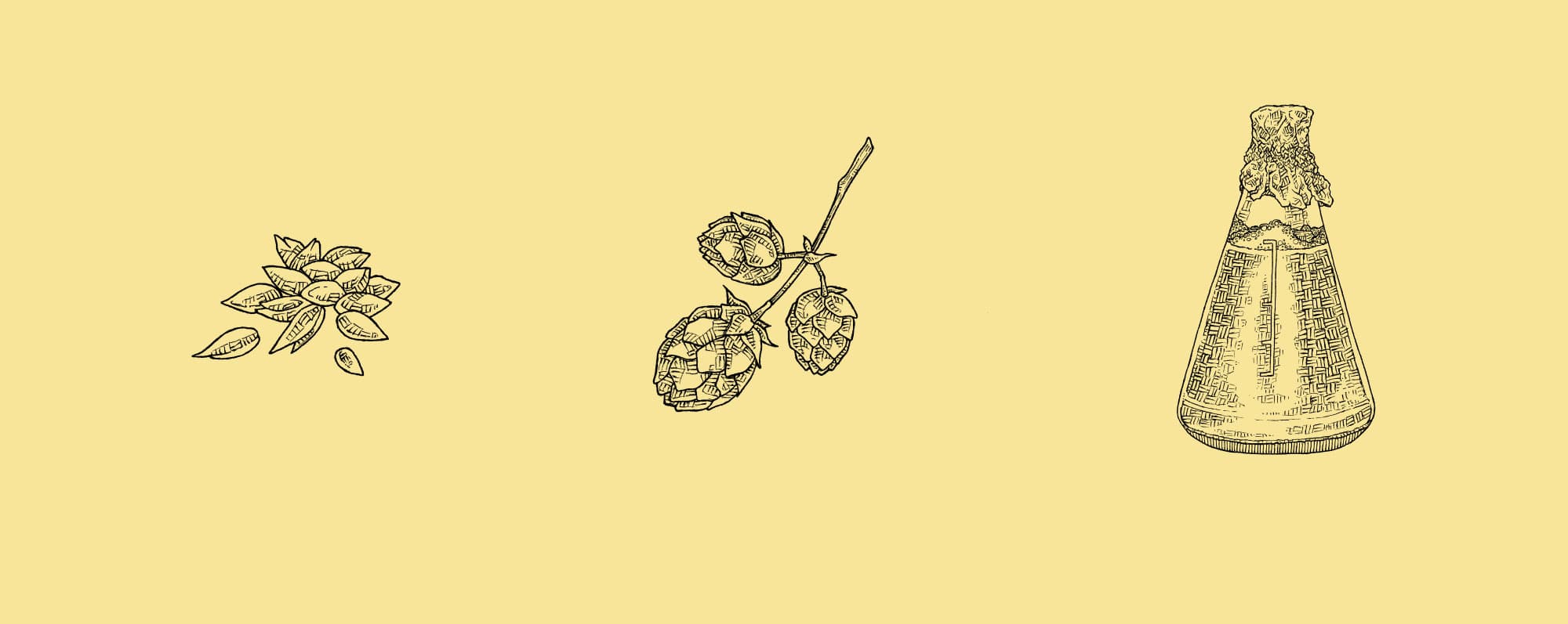 Illustration med ölingredienserna malt, humle och jäst.