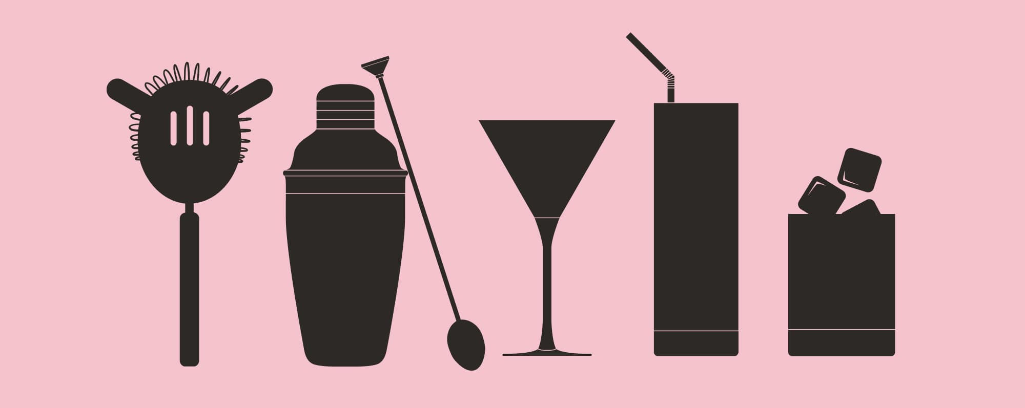 Siluetter av drinkredskap mot rosa bakgrund.